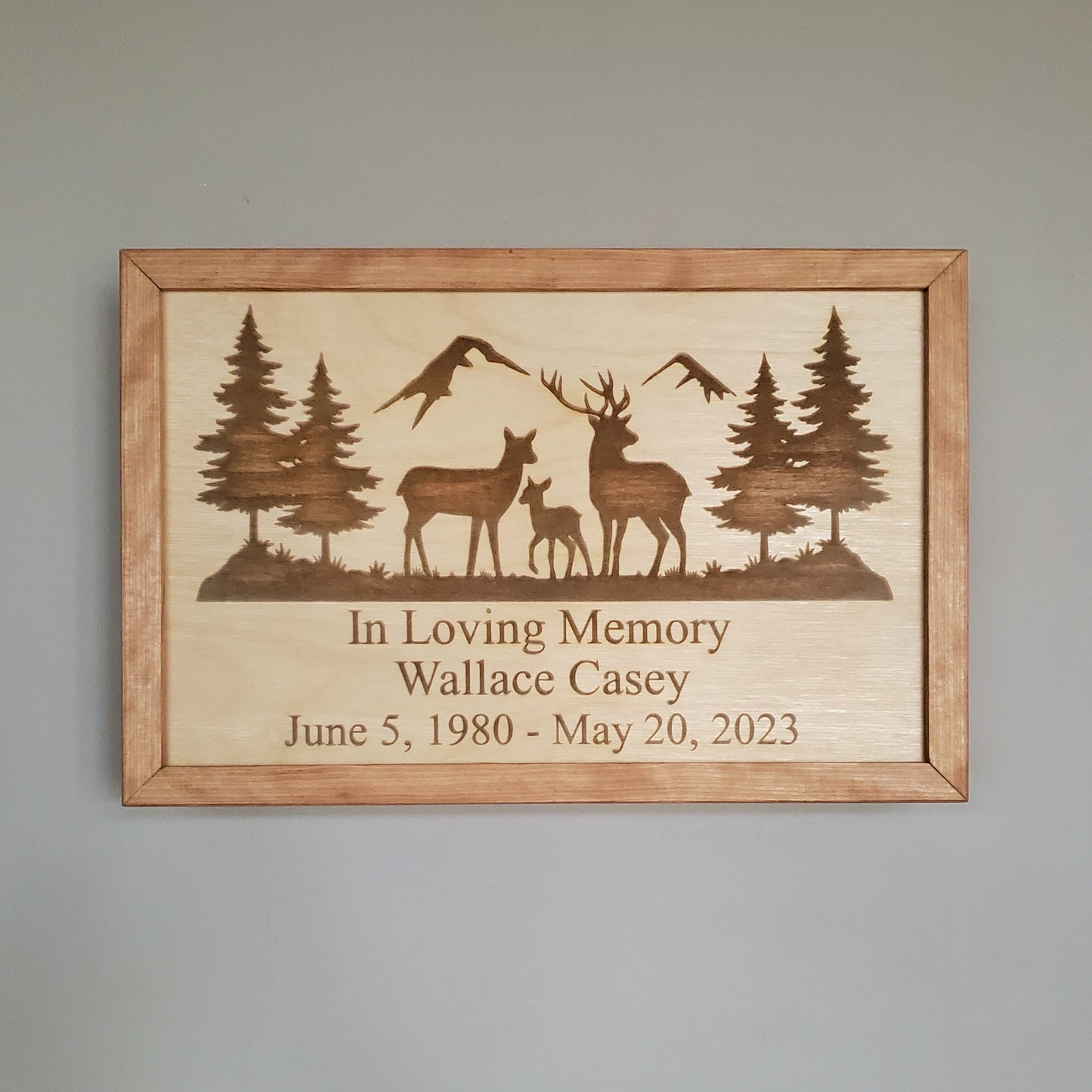 Personalized Wall Hanging Plaque Cremation Urn made of Wood, Deer, Nature, Mountain Scene Outdoorsman, Hunter