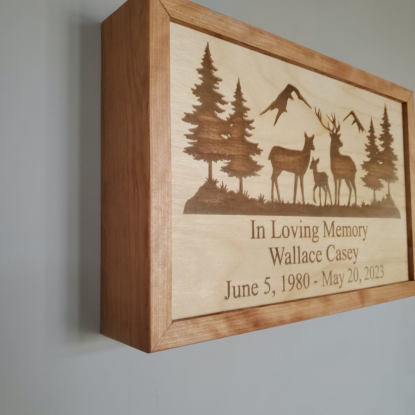 Personalized Wall Hanging Plaque Cremation Urn made of Wood, Deer, Nature, Mountain Scene Outdoorsman, Hunter