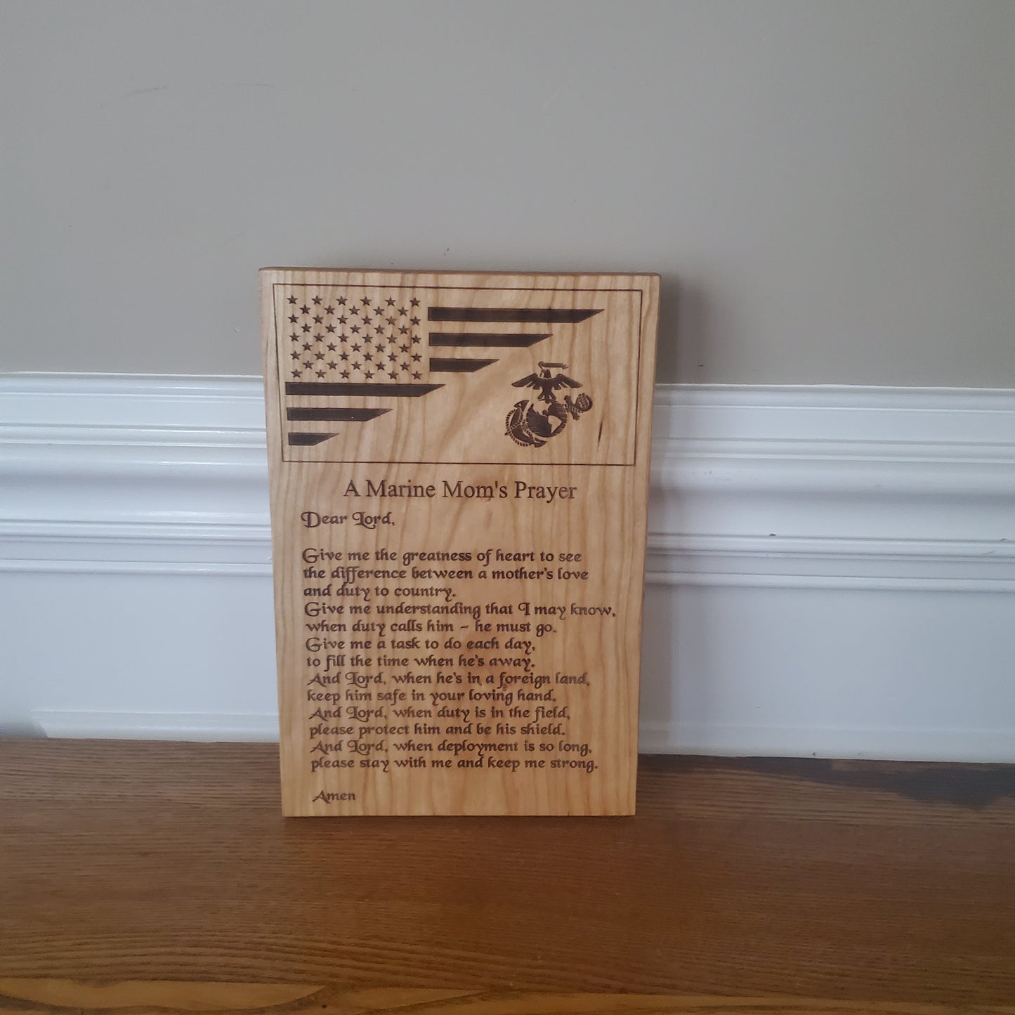 Marine Mom's Prayer Handcrafted Plaque Made of Solid Cherry Wood