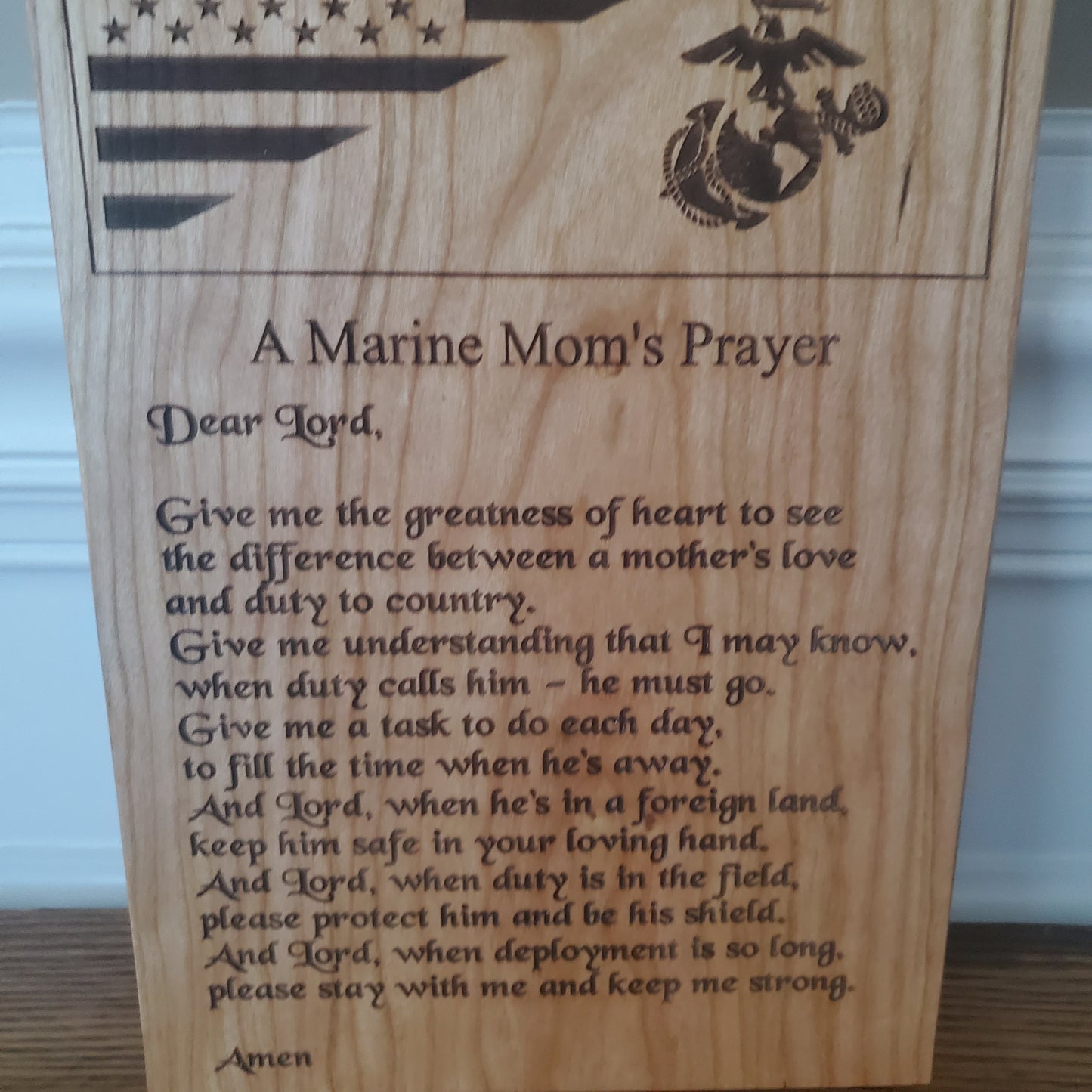 Marine Mom's Prayer Handcrafted Plaque Made of Solid Maple