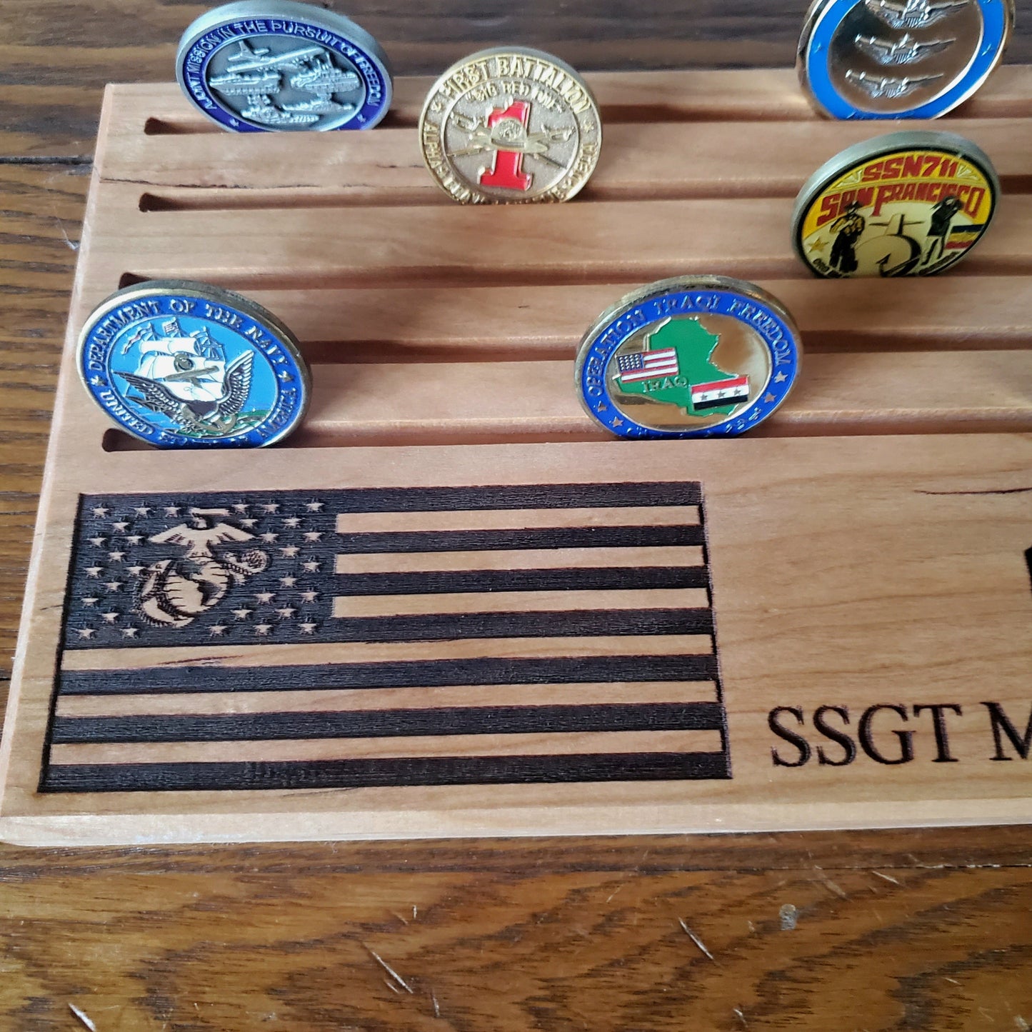 details of engraved USA flag with EGA engraved details as well as the carved slots for the Challenge coins