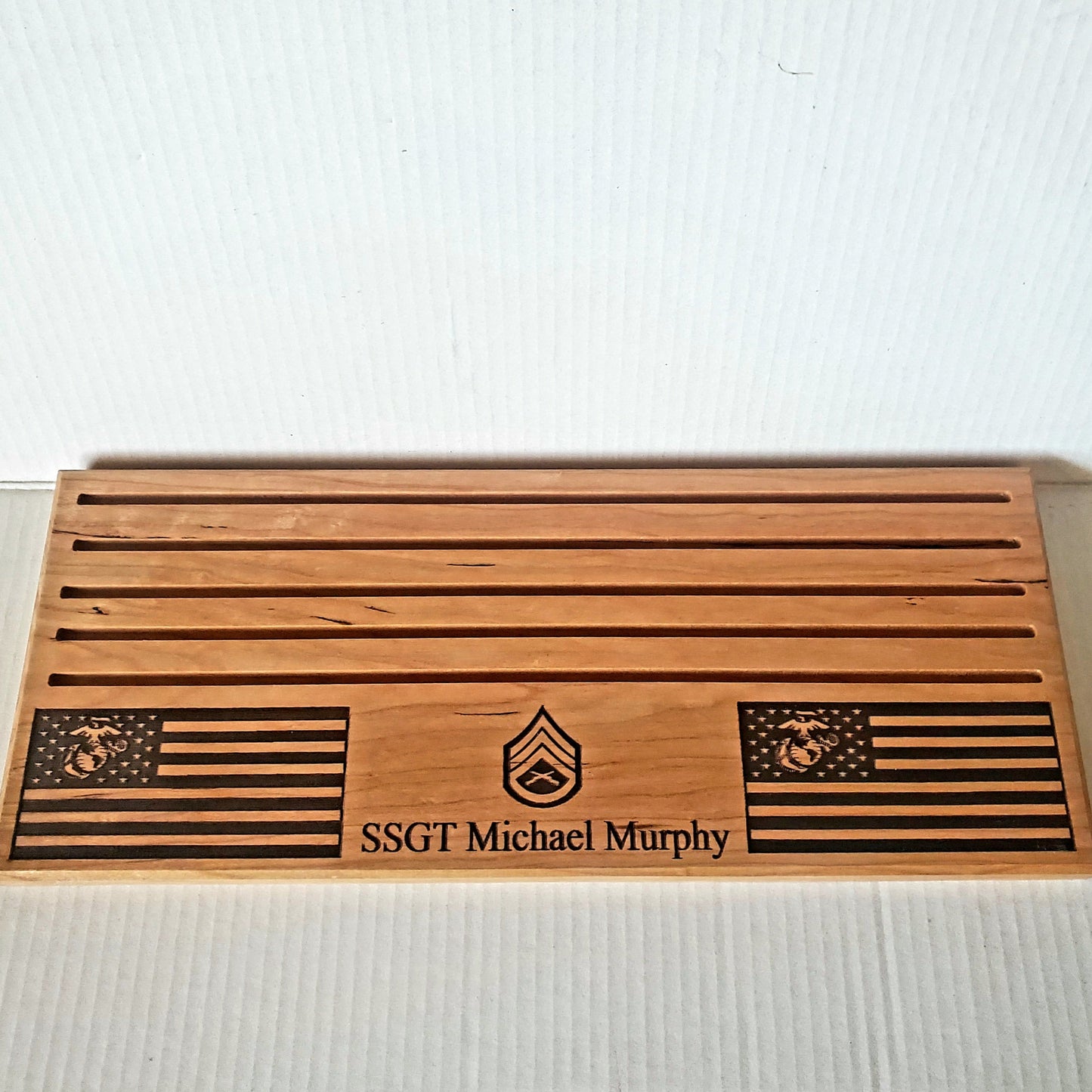 Handcrafted desk USMC marine corps challenge coin display made of solid cherry wood engraved personalization with flags on each side