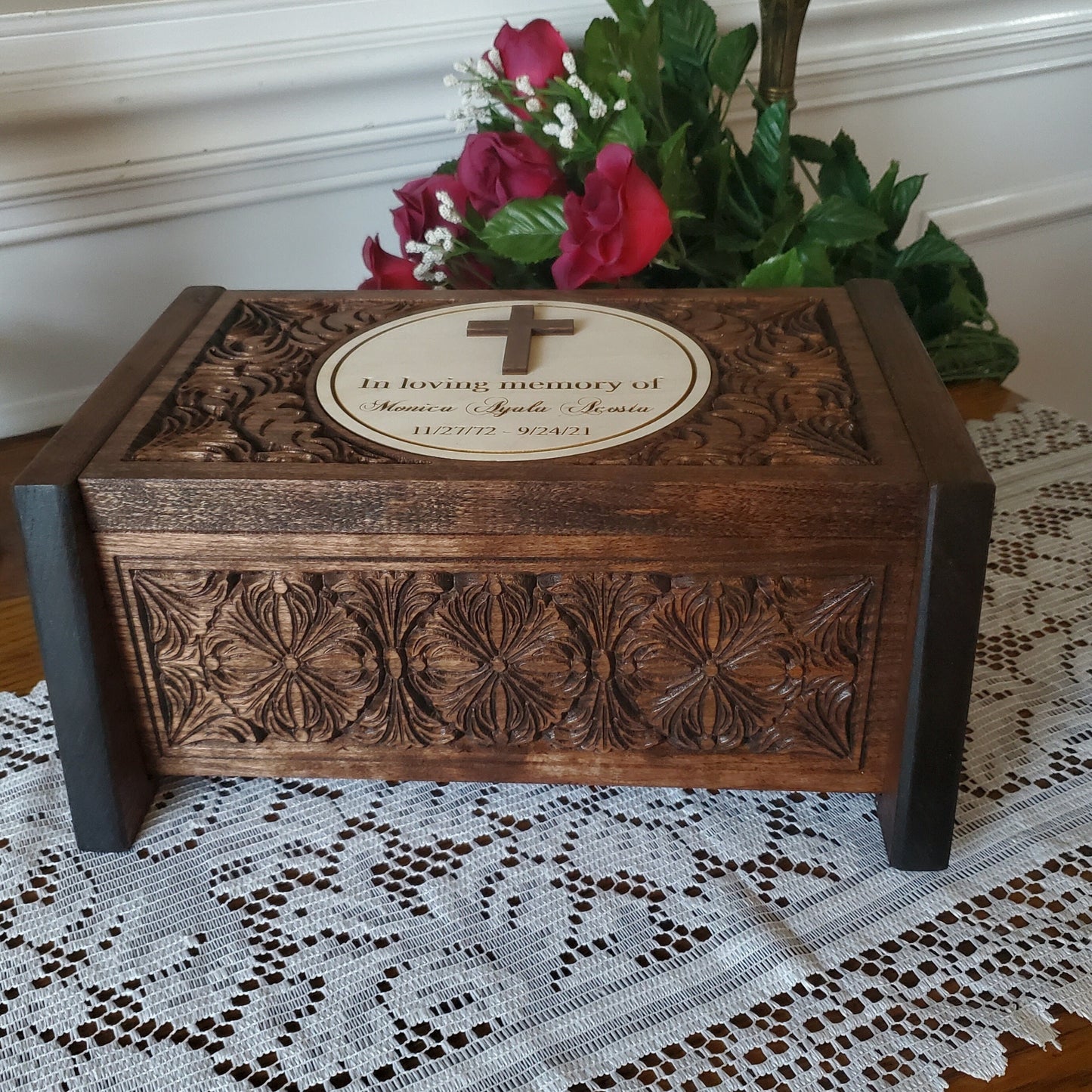 Religious Cross Cremation Urn for Adult Ashes, Wooden Box Keepsake Urn, Personalized Engraved and Carved Details, Person of Faith Urn