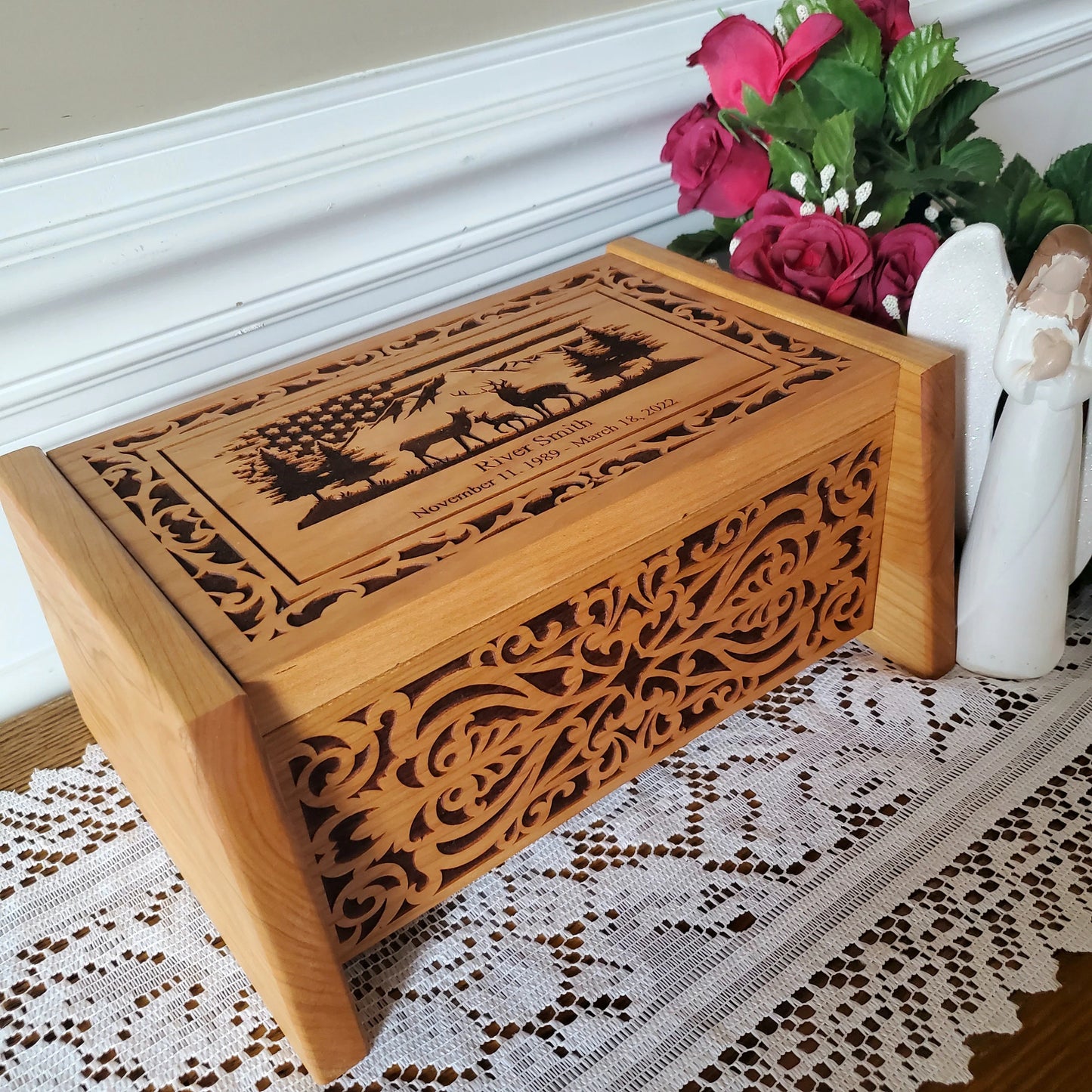 Deer Cremation Wood Box with Distressed USA Flag for Human Cremains