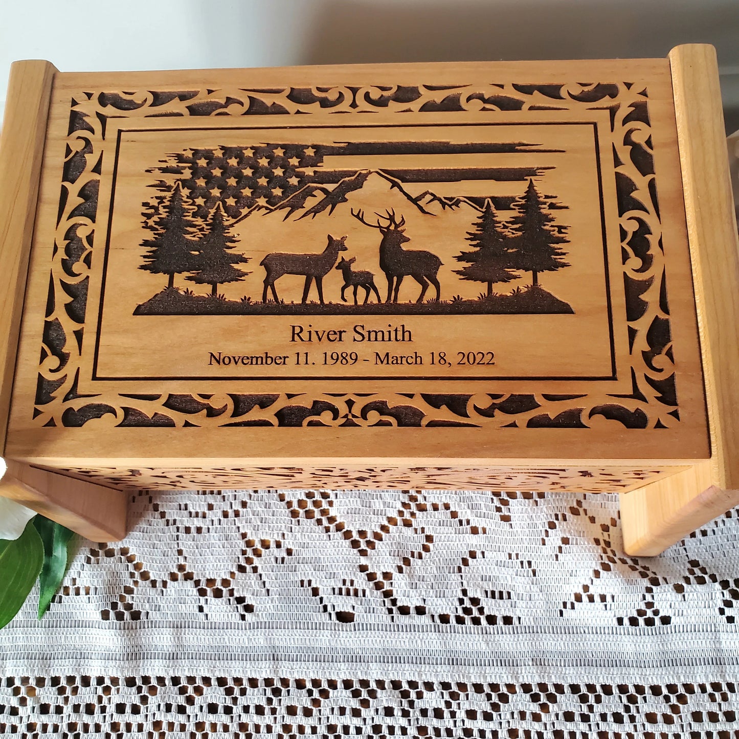 Deer Cremation Wood Box with Distressed USA Flag for Human Cremains