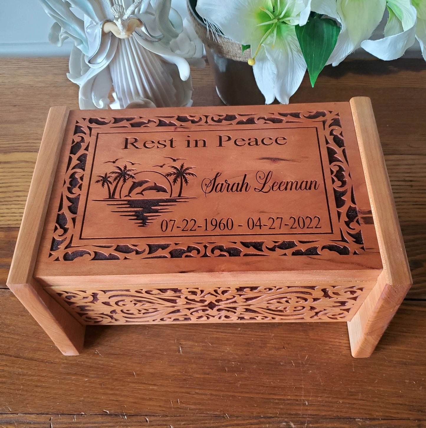 Rest in Paradise Wood Cremation Urn with Ocean Scene with Dolphins for Human Ashes