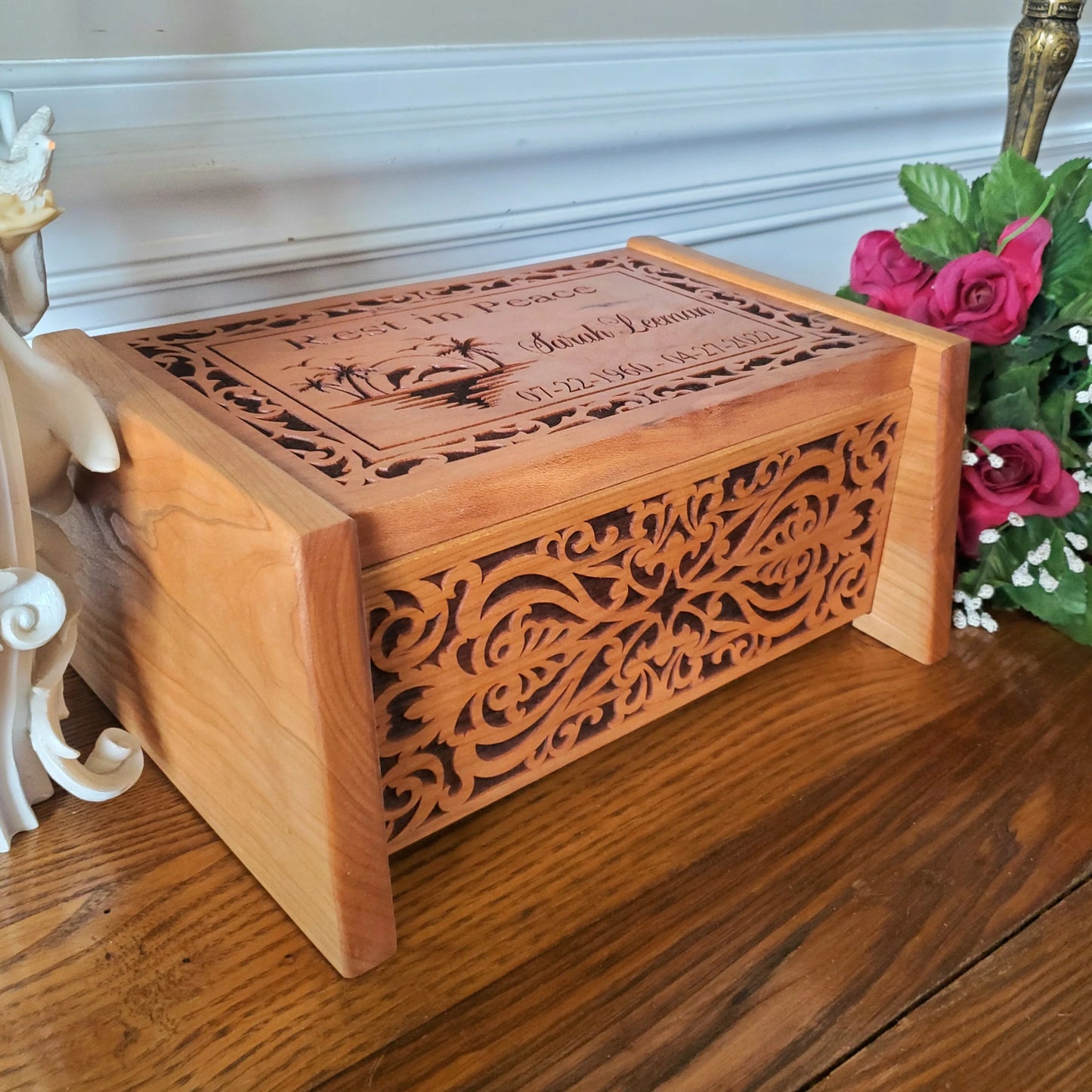Rest in Paradise Wood Cremation Urn with Ocean Scene with Dolphins for Human Ashes
