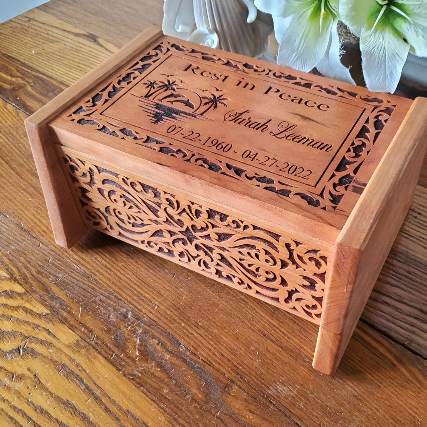 Rest in Paradise Wood Cremation Urn with Ocean Scene with Dolphins for Human Ashes