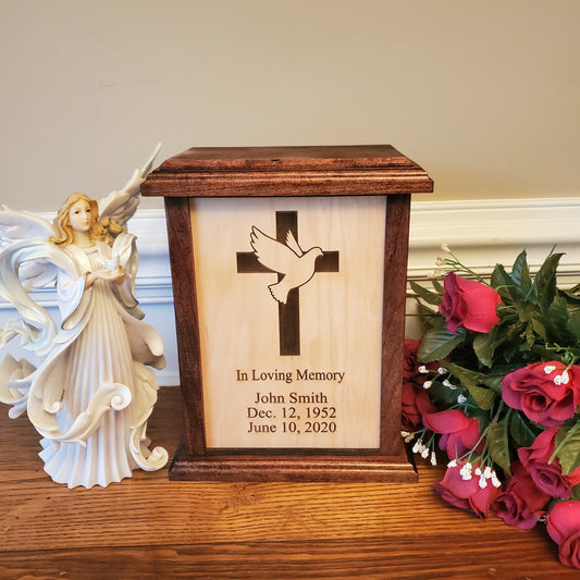 Dove and Cross Wood Box Cremation Urn