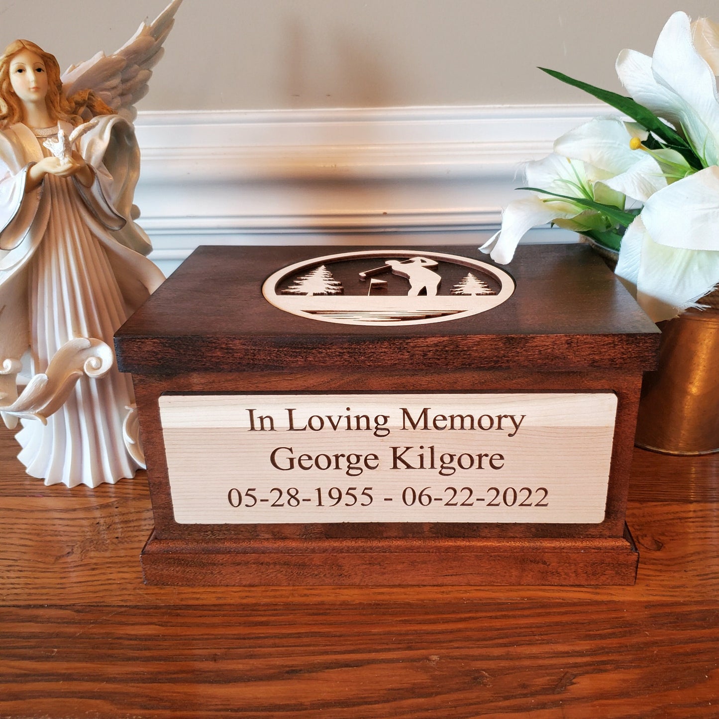 Golf Theme Cremation Wood Urn Box, Personalized Handcrafted Keepsake Box for Cremains