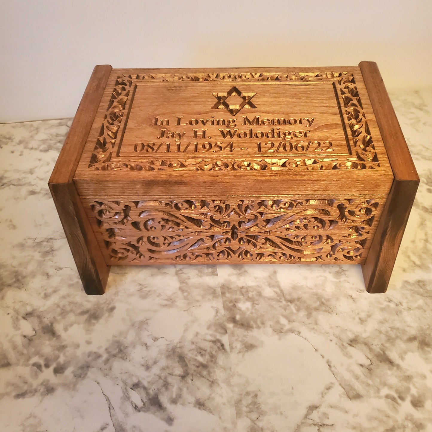 Star of David Cremation Urn Wood Carved Personalized for Human Ashes Keepsake