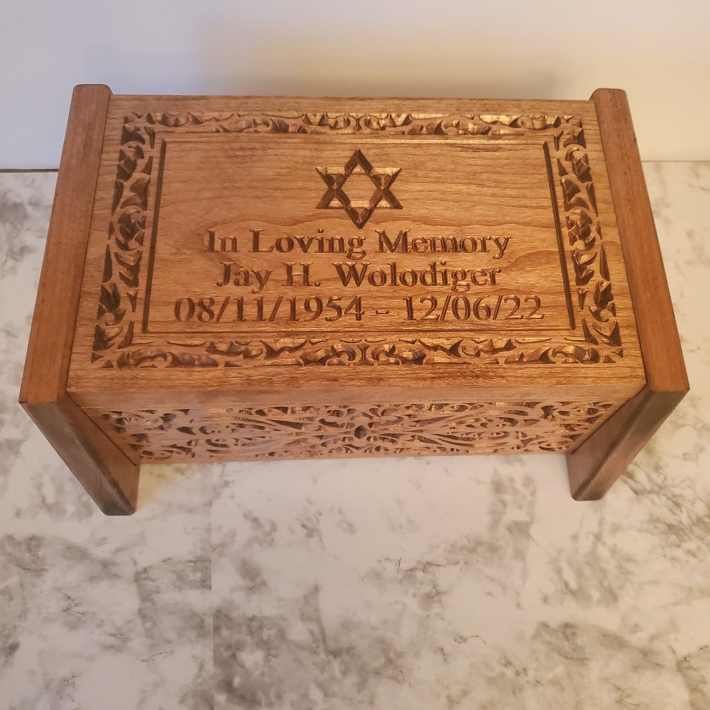 Star of David Cremation Urn Wood Carved Personalized for Human Ashes Keepsake
