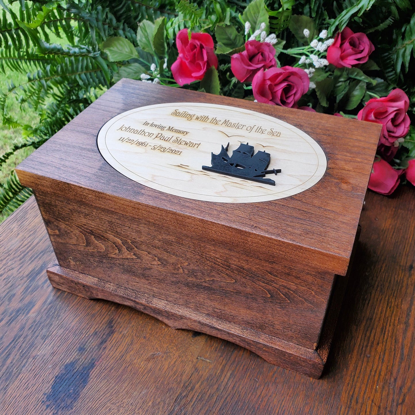 Sailboat Wood Cremation Box Urn for Human Cremains