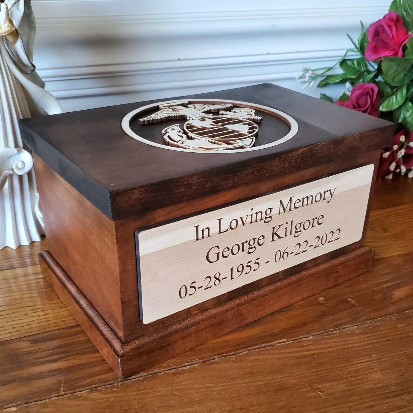 Marine Corps Cremation Urn for Human Ashes, USMC Wood Cremation Box