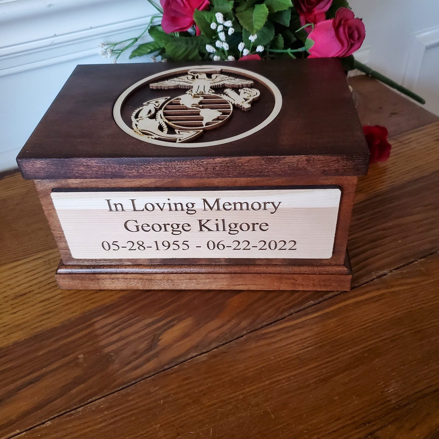 Marine Corps Cremation Urn for Human Ashes, USMC Wood Cremation Box