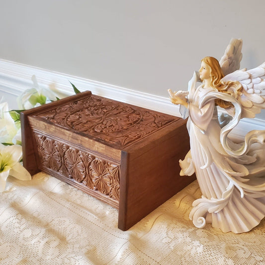 Handcrafted Solid Cherry Wood Cremation Urn Box showing sides, front and top