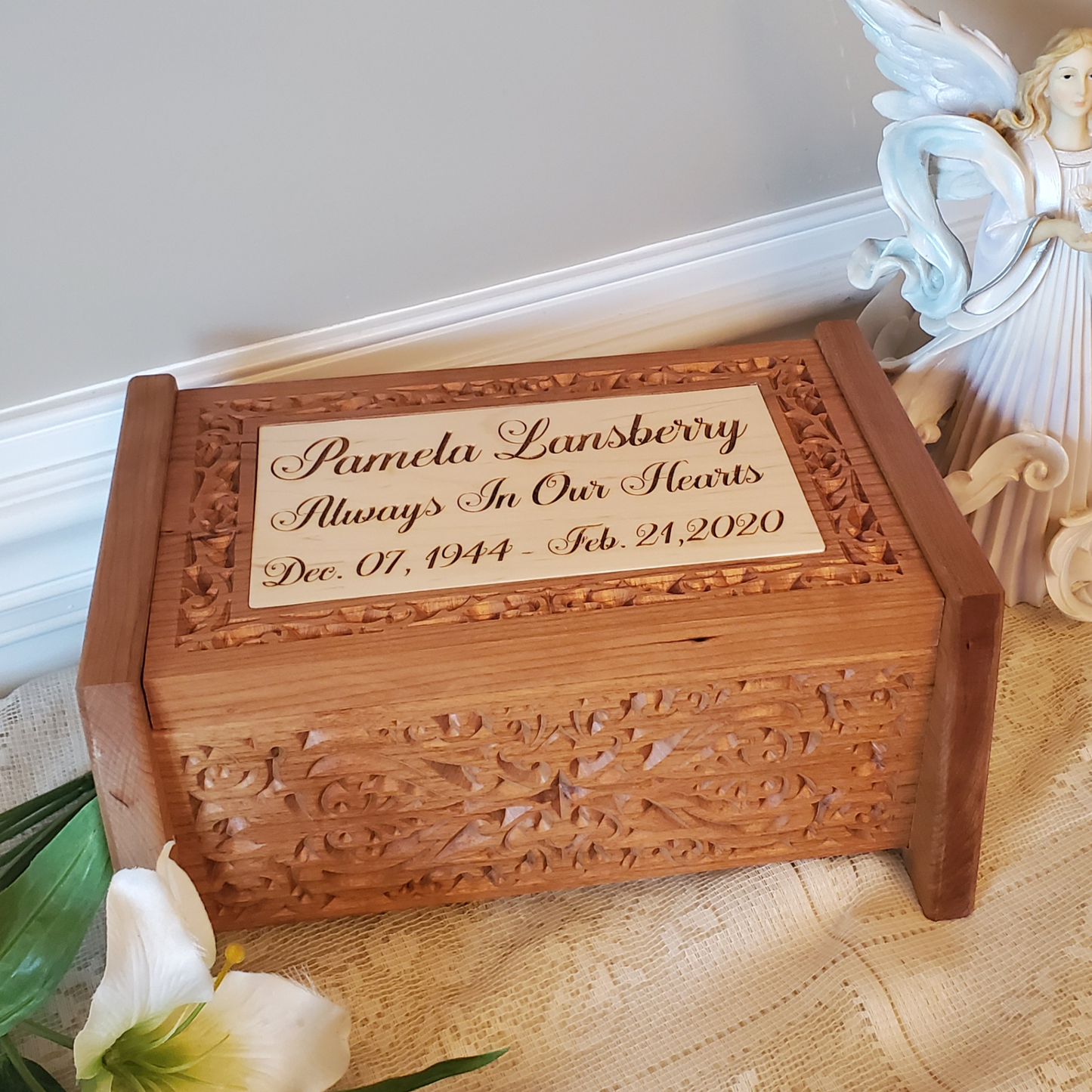 Cremation urn box made of solid cherry, carved and personalized