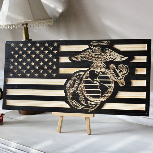 carved wood usa flag USMC