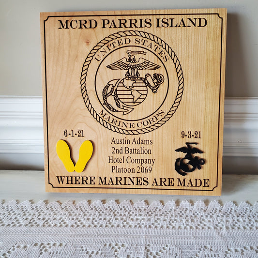 Marine Corps Journey Carved Wooden Plaque Boot Camp Graduation Gift With Yellow Footprints and EGA