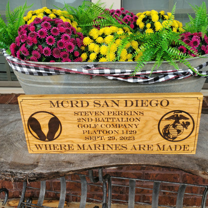 Personalized USMC Bootcamp Graduation Plaque - Marine Corps Graduate Wall Hanging made of Solid Cherry Wood