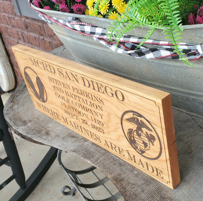 Personalized USMC Bootcamp Graduation Plaque - Marine Corps Graduate Wall Hanging made of Solid Cherry Wood