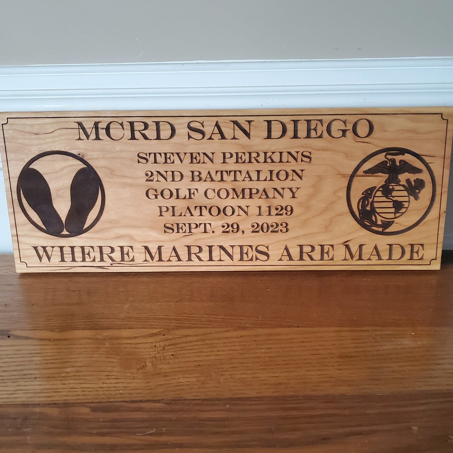 Personalized USMC Bootcamp Graduation Plaque - Marine Corps Graduate Wall Hanging made of Solid Cherry Wood