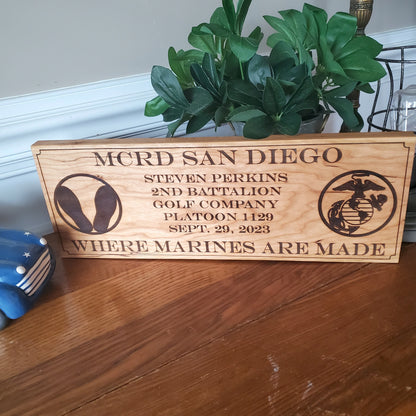 Personalized USMC Bootcamp Graduation Plaque - Marine Corps Graduate Wall Hanging made of Solid Cherry Wood