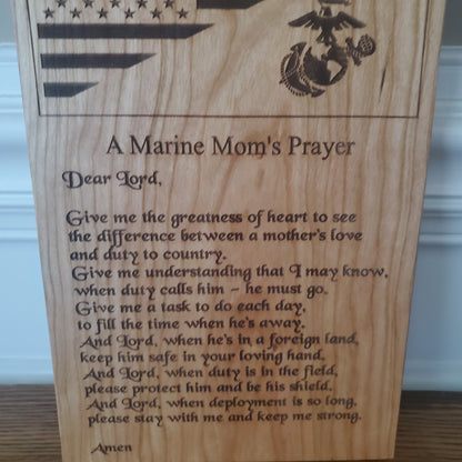 Marine Mom's Prayer Handcrafted Plaque Made of Solid Cherry Wood