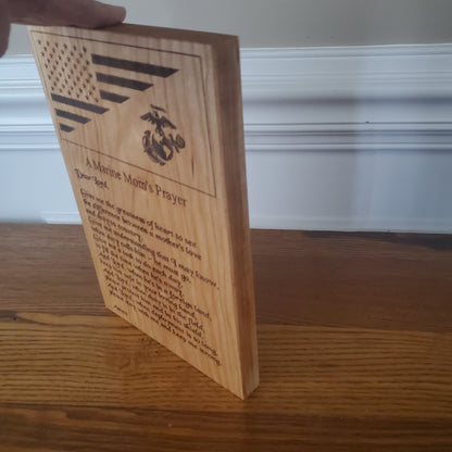 Marine Mom's Prayer Handcrafted Plaque Made of Solid Cherry Wood