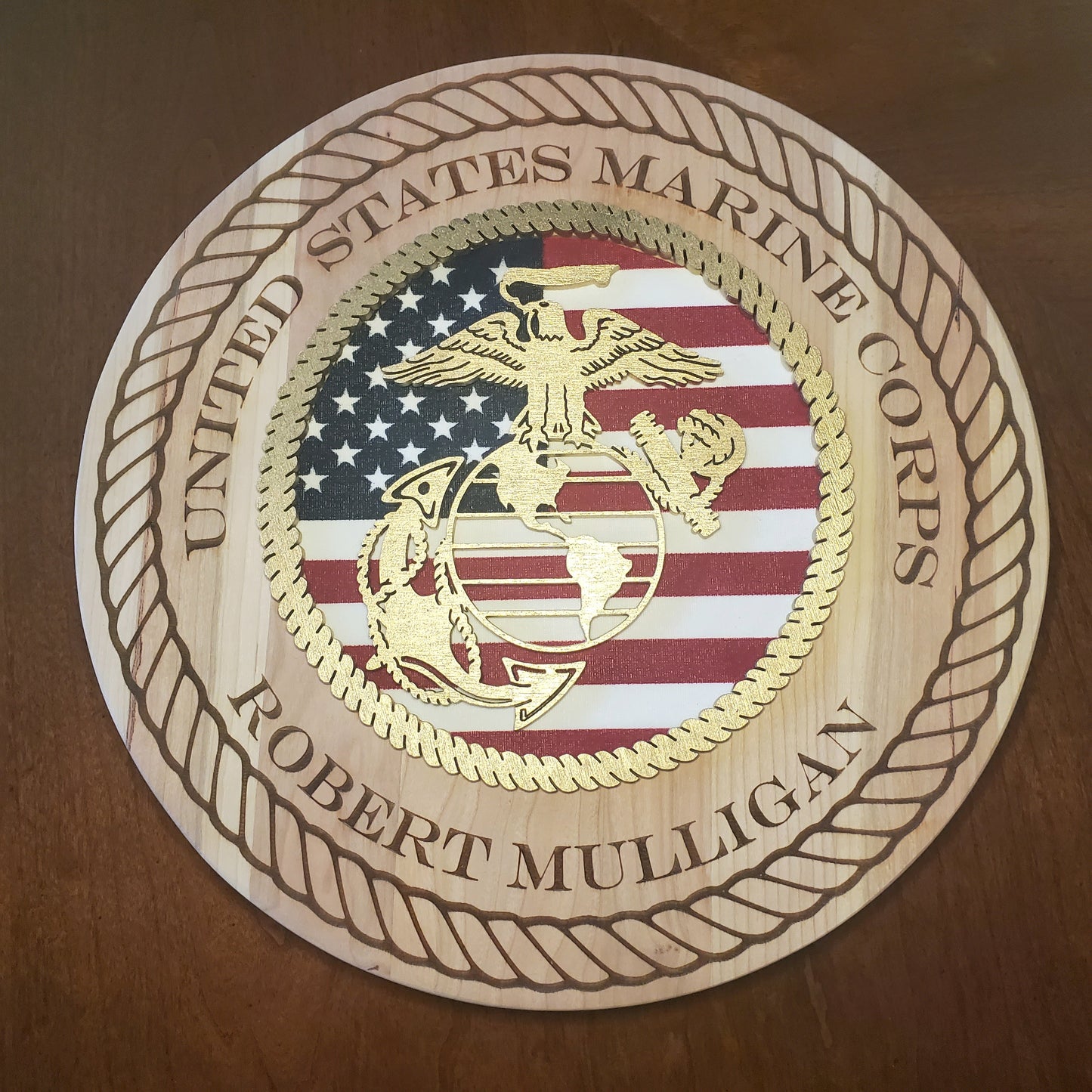 USMC Personalized Wall Hanging made of Solid Cherry Wood with EGA, Laser Engraved