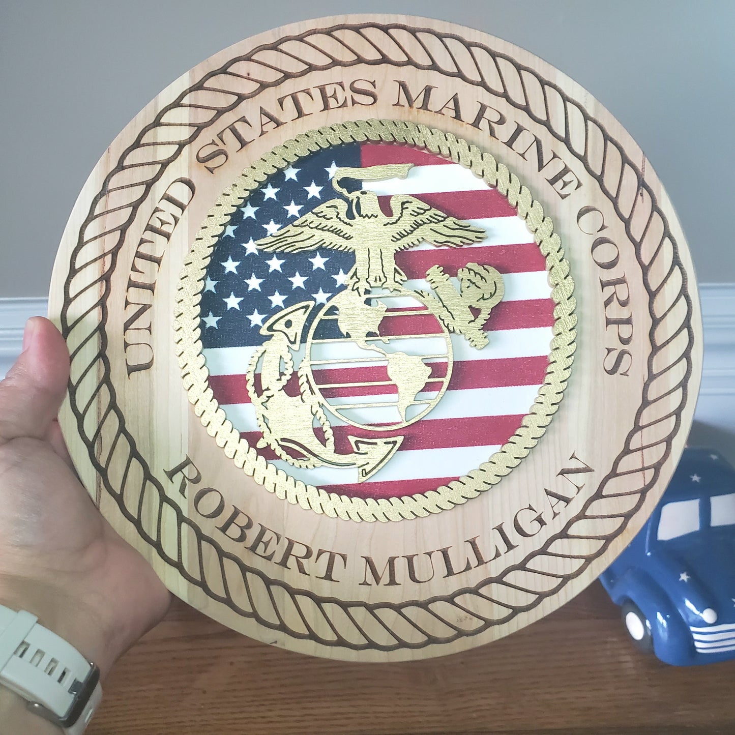 USMC Personalized Wall Hanging made of Solid Cherry Wood with EGA, Laser Engraved