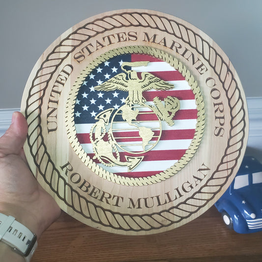 USMC Personalized Wall Hanging made of Solid Cherry Wood with EGA, Laser Engraved