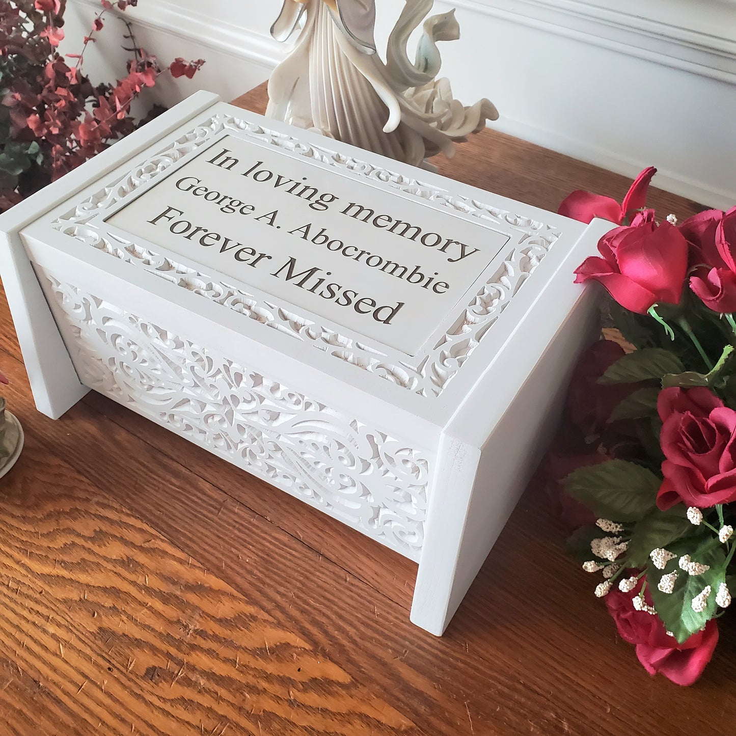 Personalized Wooden Carved White Cremation Urn Box