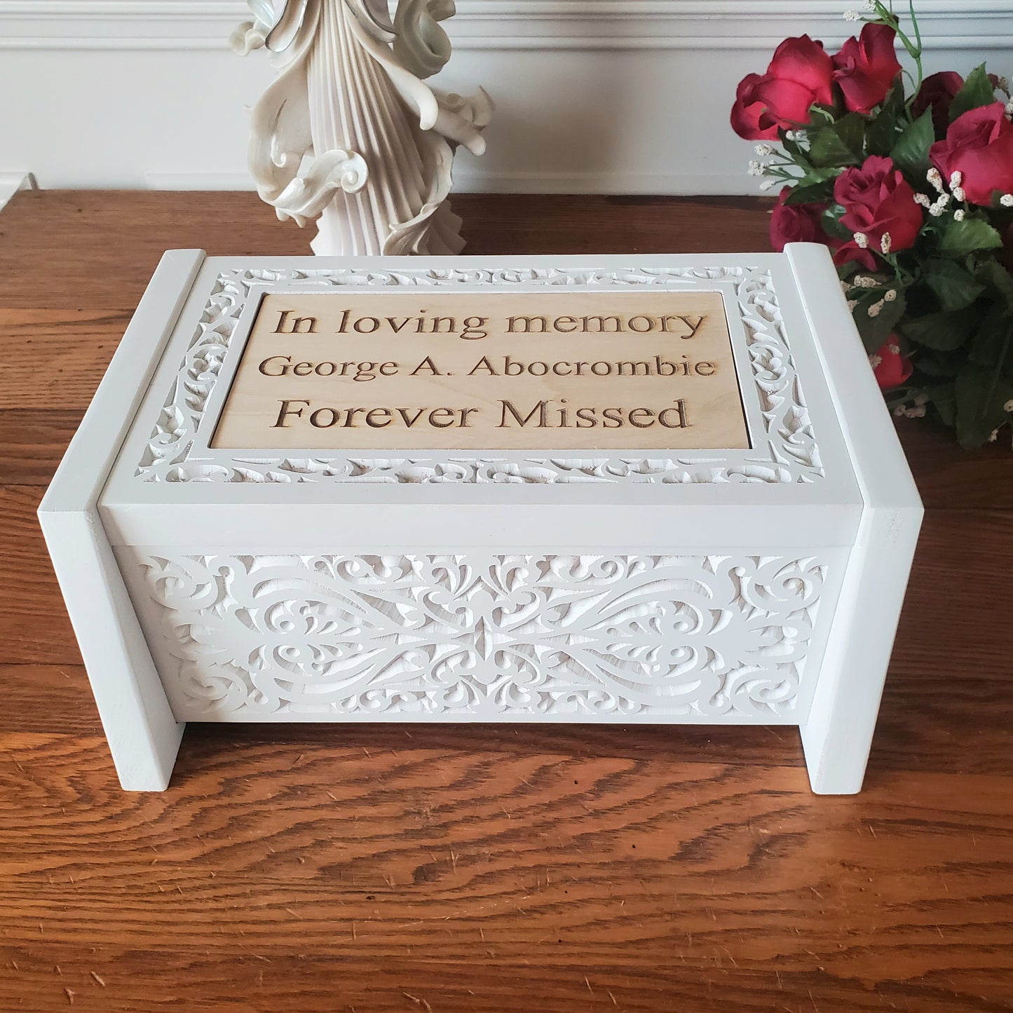 Personalized Wooden Carved White Cremation Urn Box