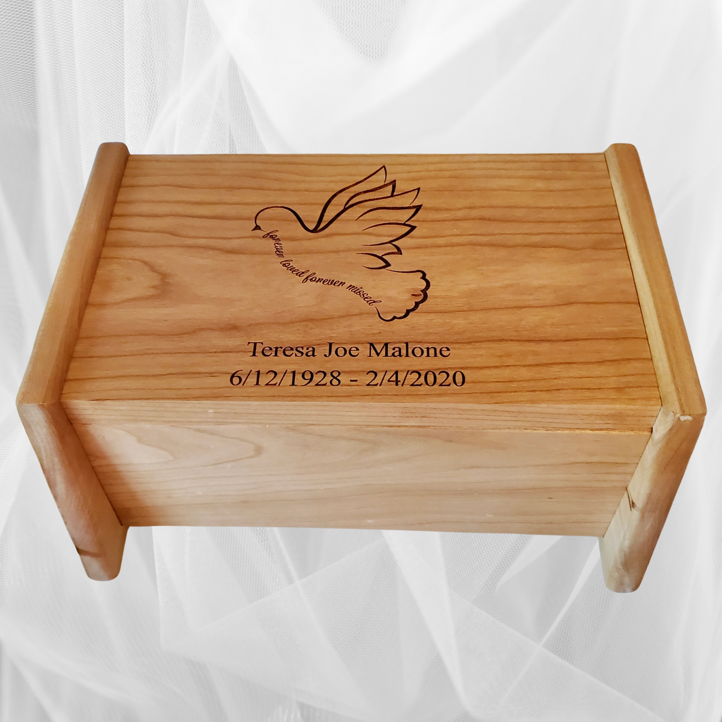 Dove Urn With Quote Forever Loved Forever Missed, Personalized Wooden Urn For Adult Human Ashes