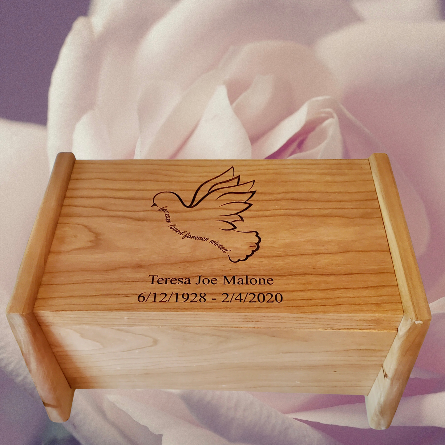 Dove Urn With Quote Forever Loved Forever Missed, Personalized Wooden Urn For Adult Human Ashes