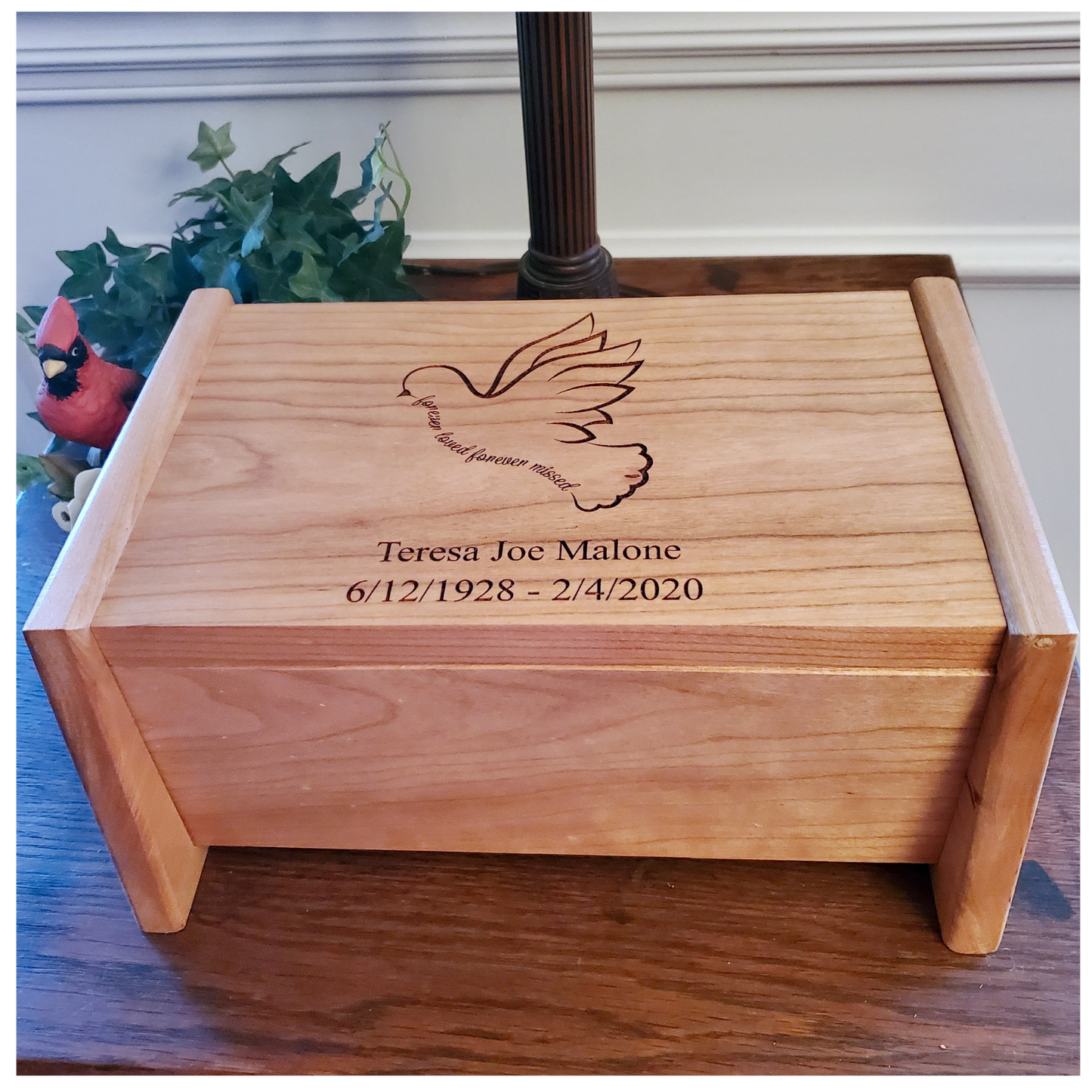 Dove Urn With Quote Forever Loved Forever Missed, Personalized Wooden Urn For Adult Human Ashes