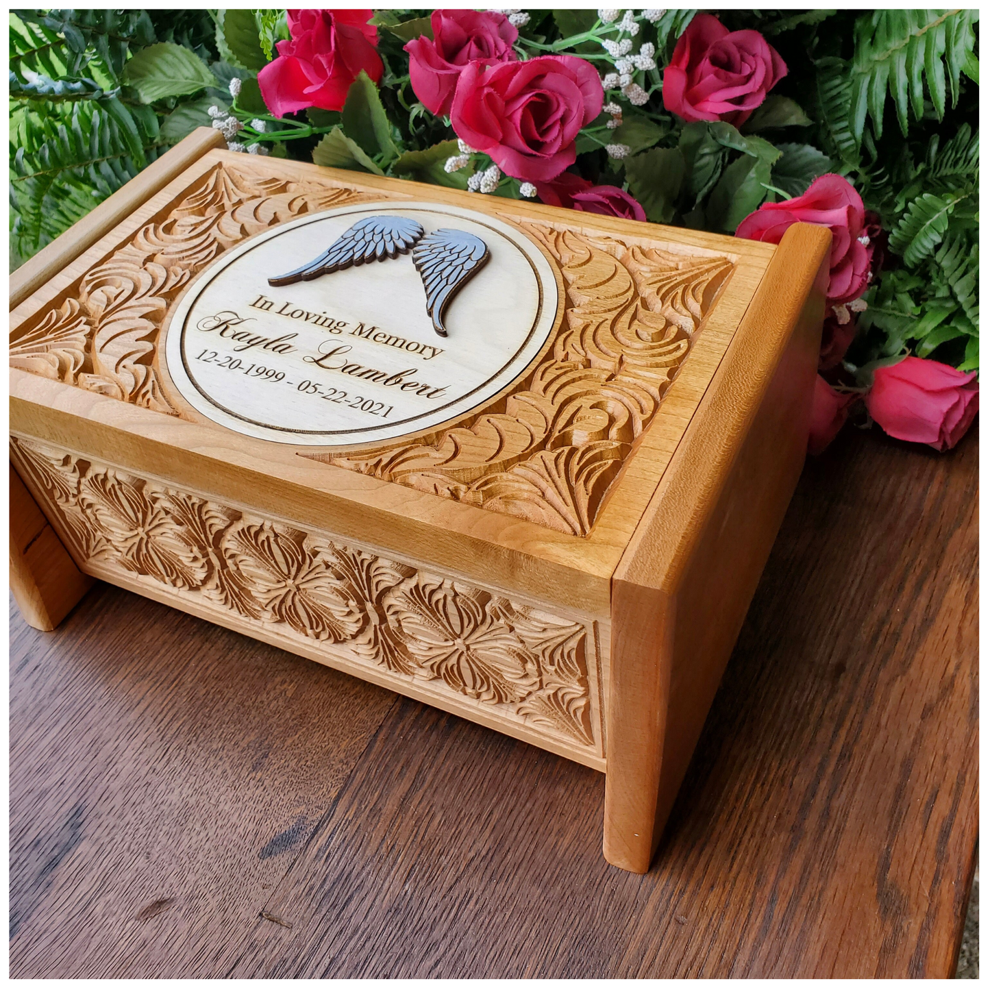 Cremation Urn Box made of wood with Silver Angel Wings Personalized