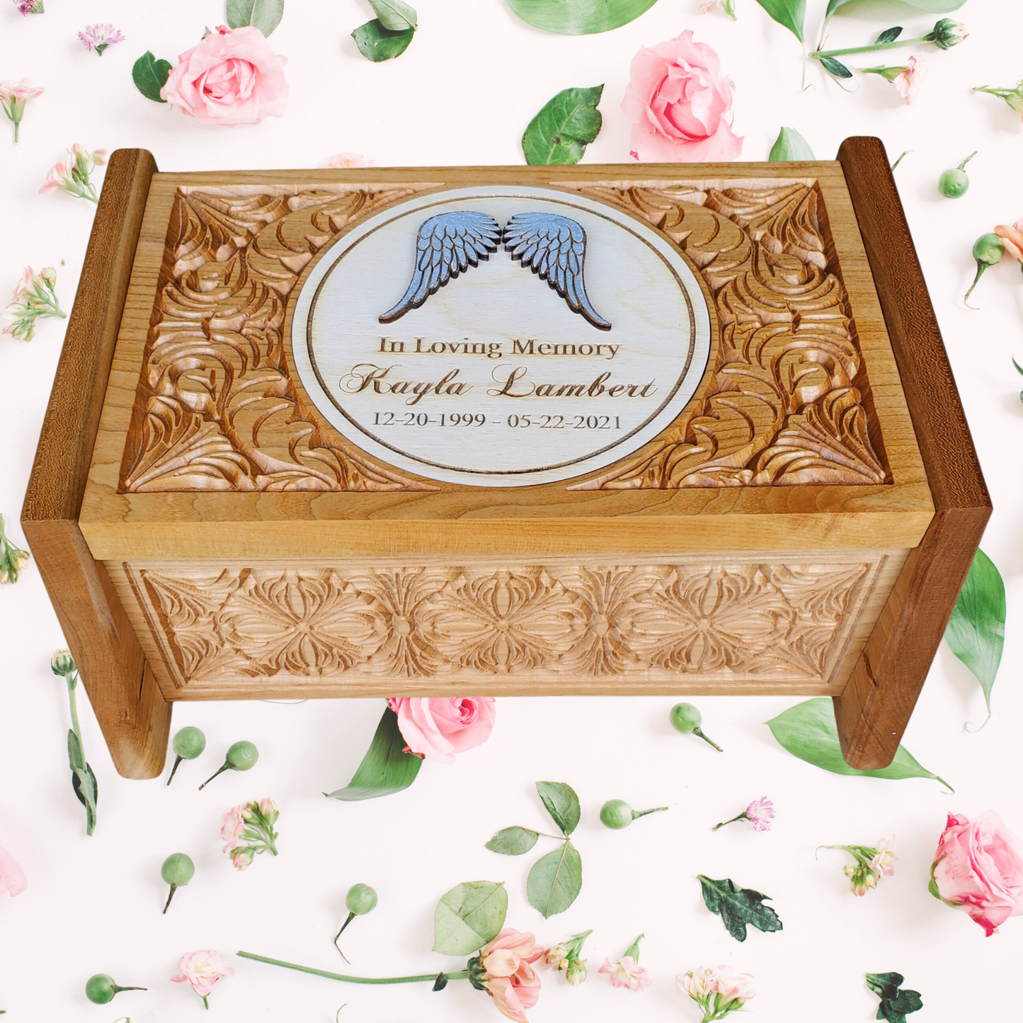 Cremation Urn Box made of wood with Silver Angel Wings Personalized