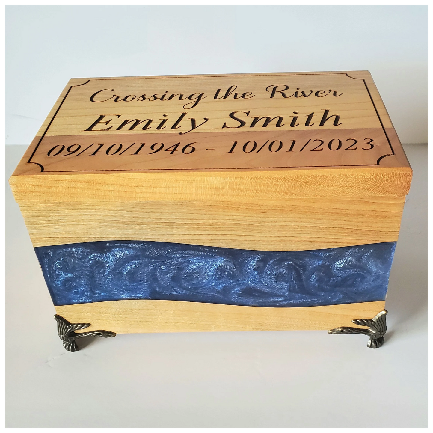 Personalized Cremation Box with Blue Resin Inlay Crossing the River