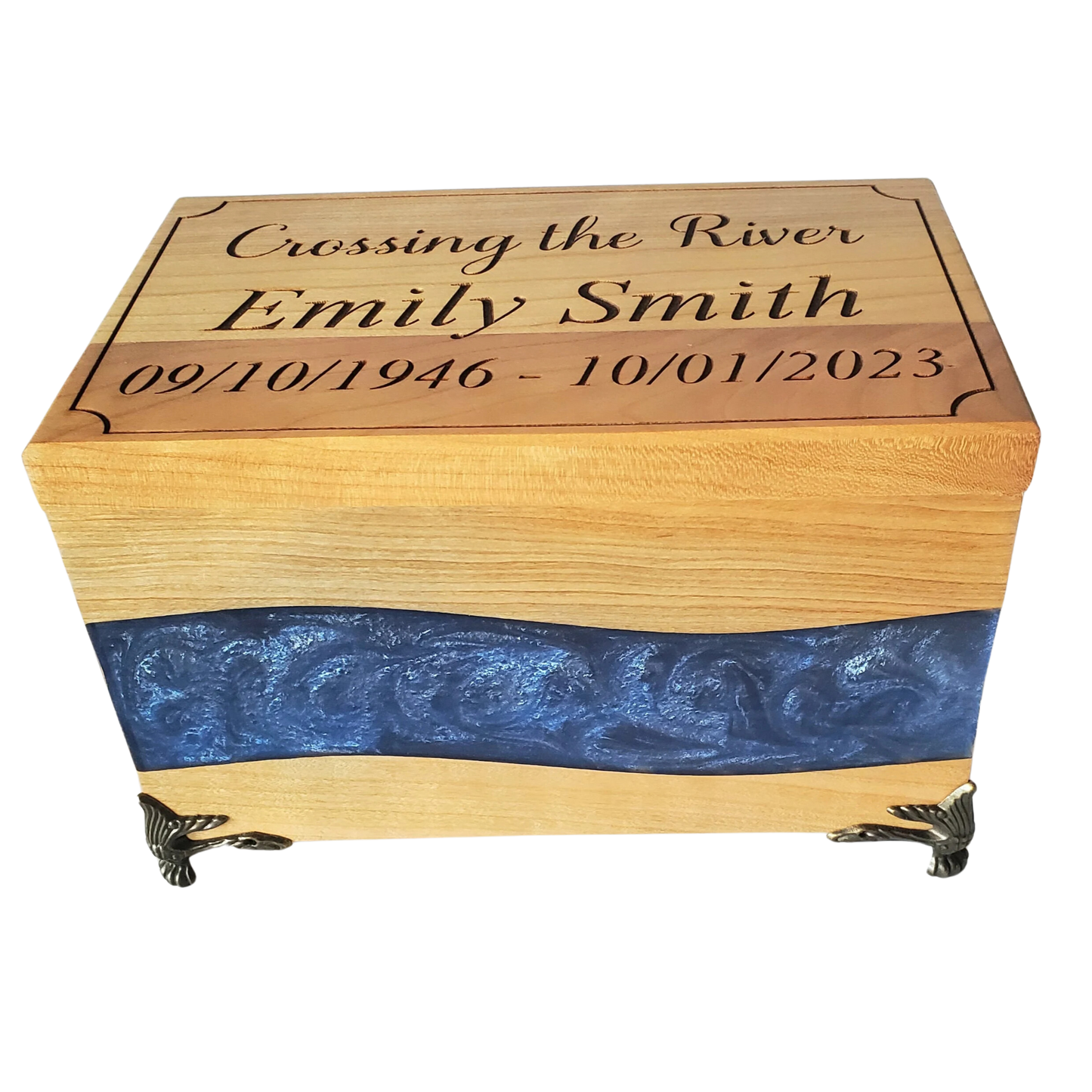 Personalized Cremation Box with Blue Resin Inlay Crossing the River