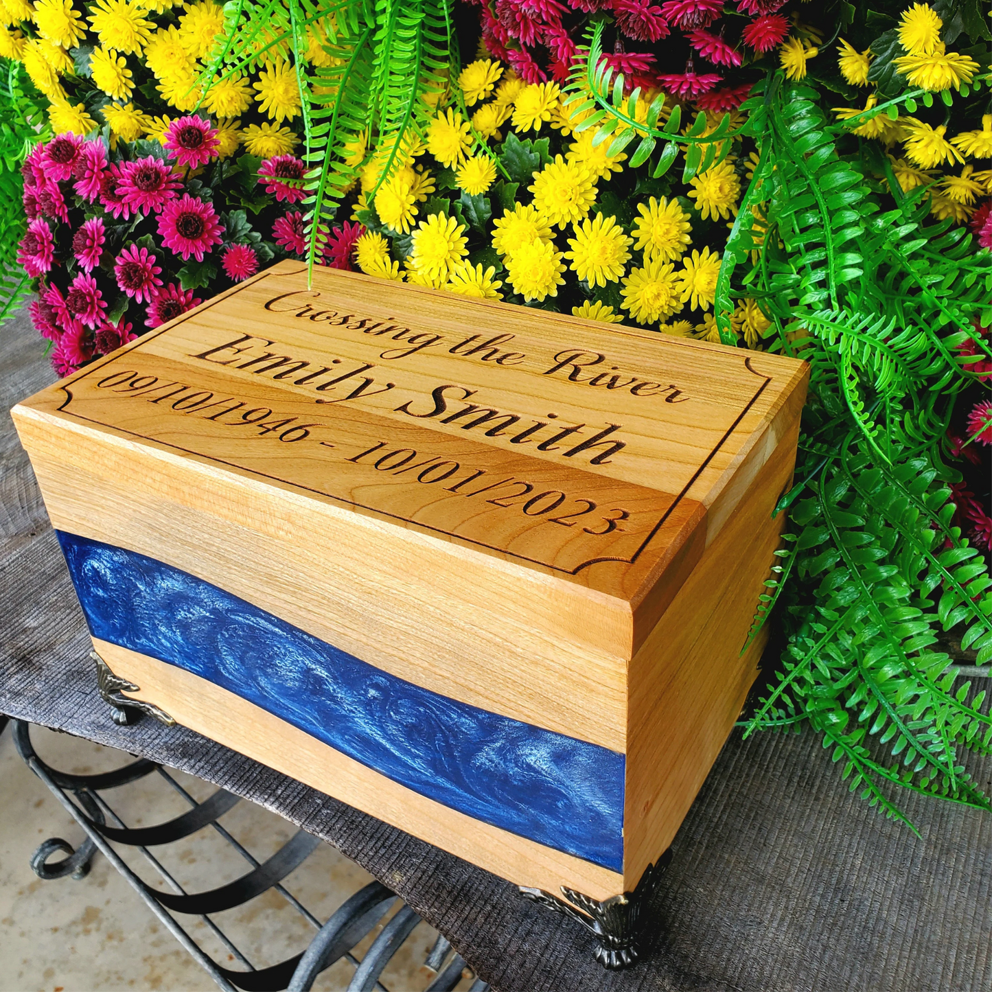 Personalized Cremation Box with Blue Resin Inlay Crossing the River