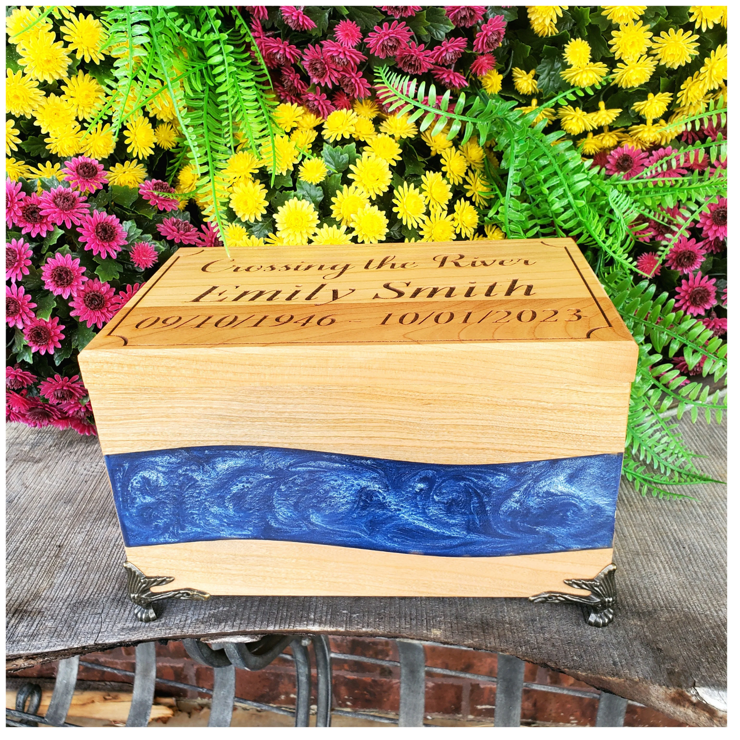 Personalized Cremation Box with Blue Resin Inlay Crossing the River