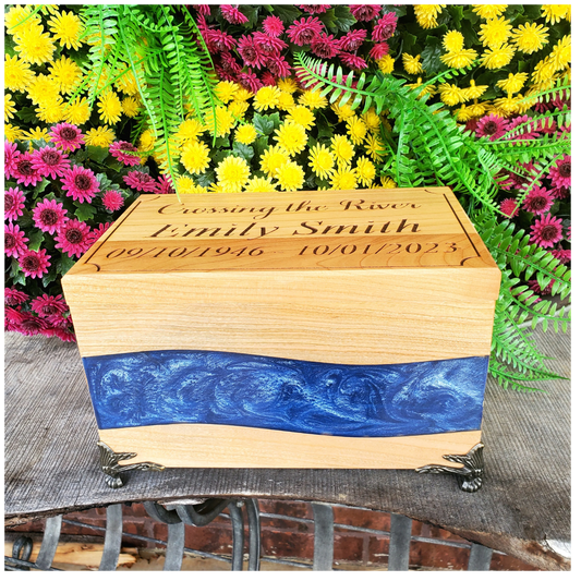 Personalized Cremation Box with Blue Resin Inlay Crossing the River