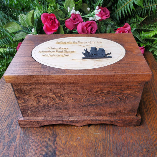 Sailboat Wood Cremation Box Urn for Human Cremains
