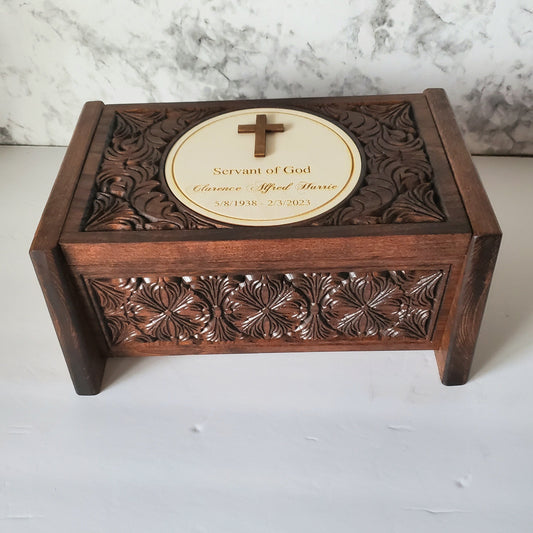 Religious Cross Cremation Urn for Adult Ashes, Wooden Box Keepsake Urn, Personalized Engraved and Carved Details, Person of Faith Urn