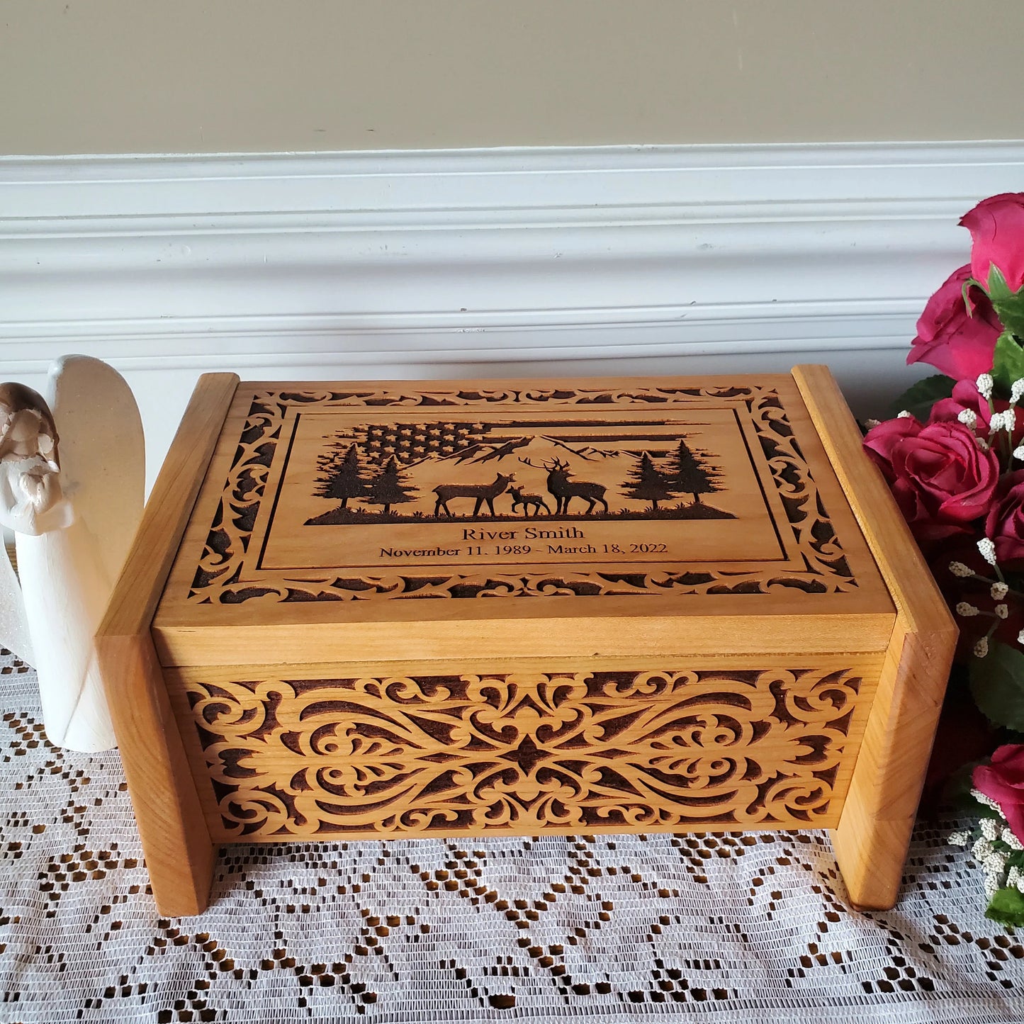 Deer Cremation Wood Box with Distressed USA Flag for Human Cremains