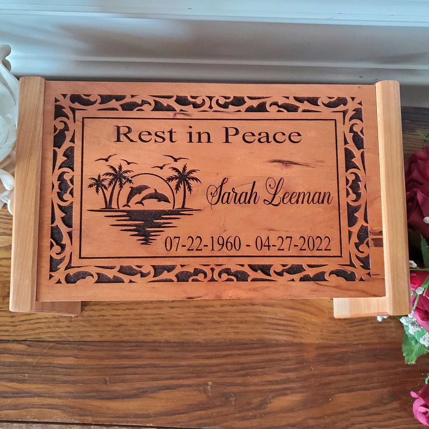 Rest in Paradise Wood Cremation Urn with Ocean Scene with Dolphins for Human Ashes