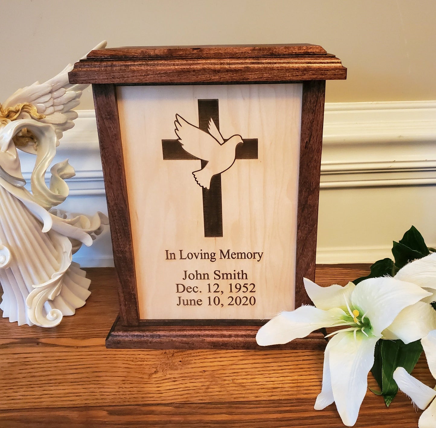 Dove and Cross Wood Box Cremation Urn