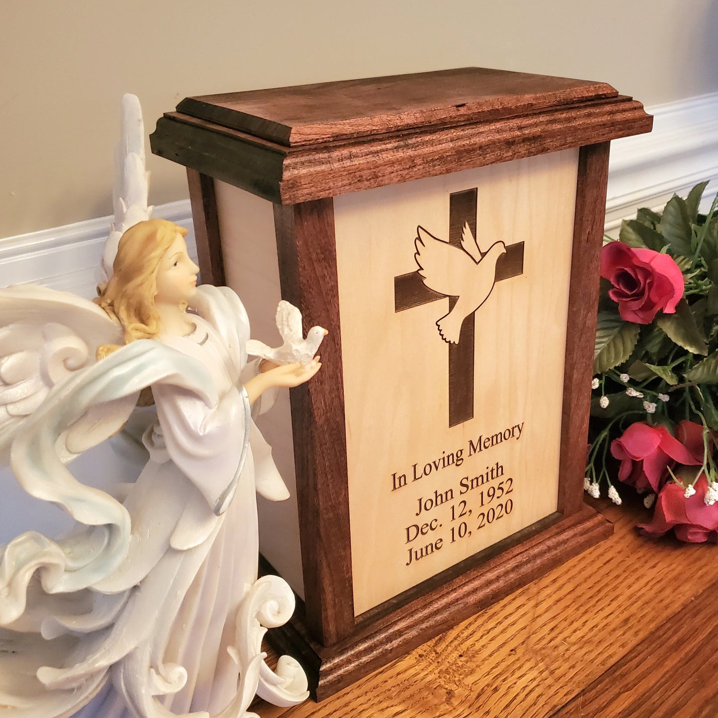 Dove and Cross Wood Box Cremation Urn